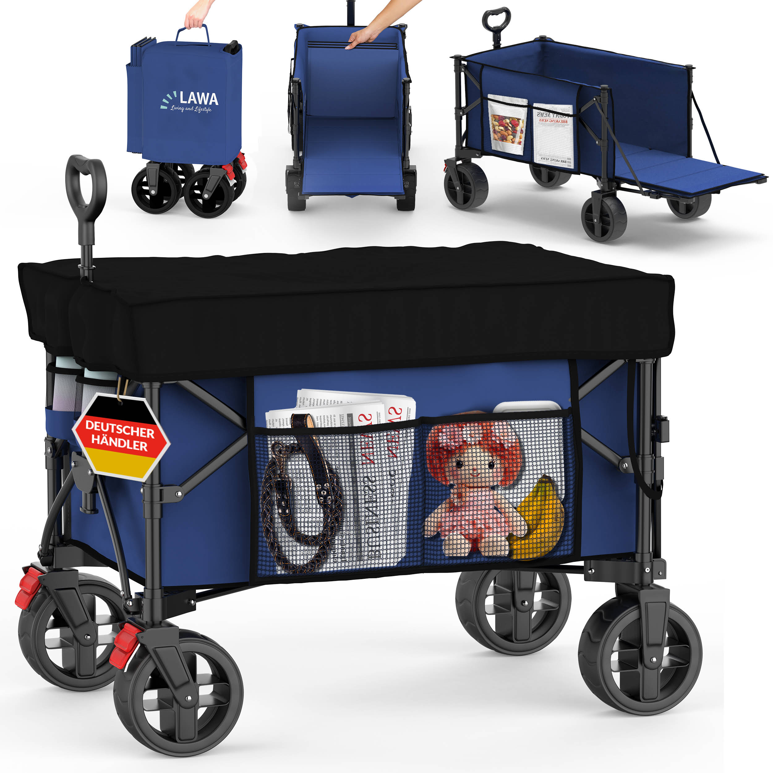 Faltbarer Bollerwagen Mit Dach Für 2 Kinder - Premium Ziehwagen Mit Snack-Tablett & Geländerädern